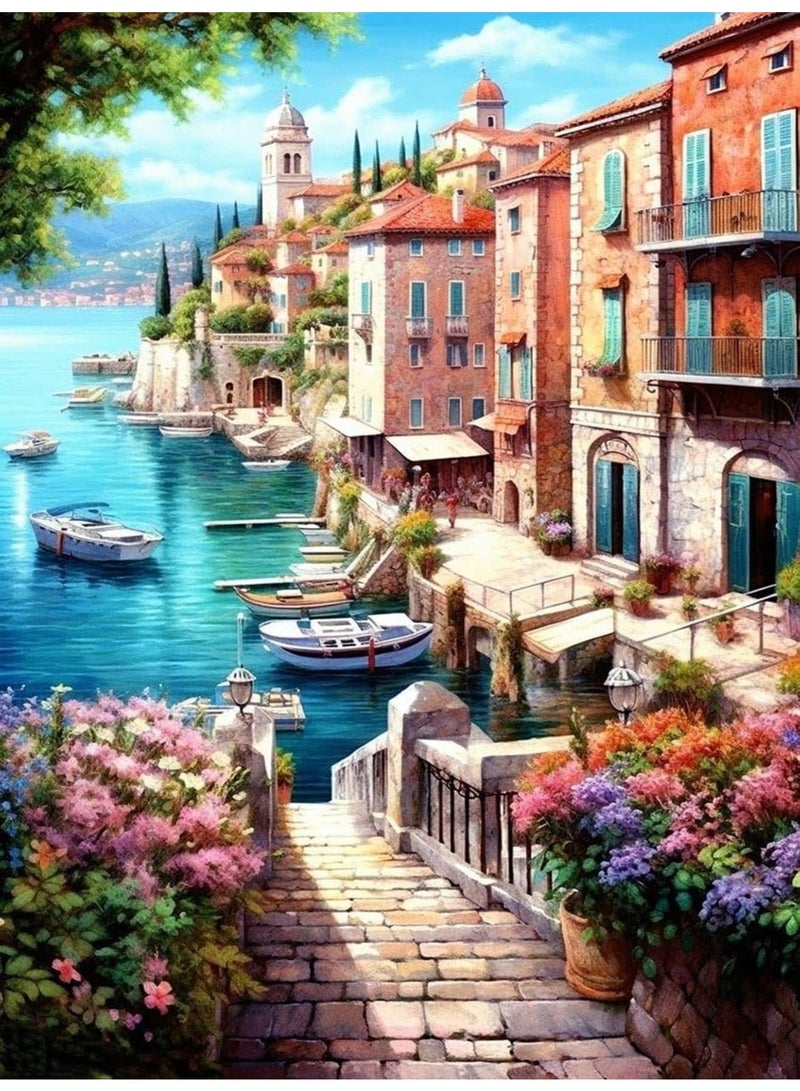 أطقم رسم الماس للبالغين للمبتدئين - 12x16 بوصة مدينة ساحلية DIY أطقم فن الماس 5D، لوحات نقاط الماس كاملة الحفر مع الماس، فنون وحرف للديكور المنزلي، هدايا - Image 1